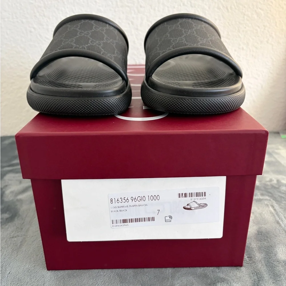 Brand New Mens Gucci GG Supreme Canvas Slide Sandals Black Size 7 (US 7.5)